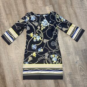 Enfocus Studio Black Dress with Blue Floral and Chain Design